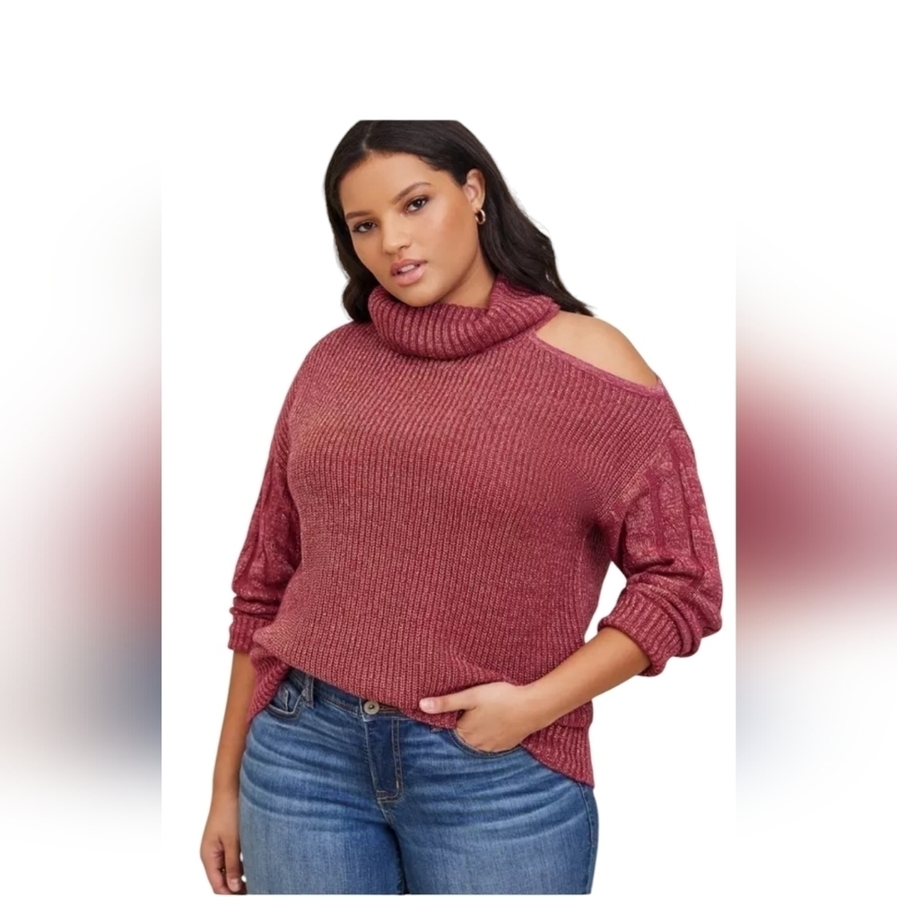 Torrid Metallic Pullover Turtle Neck Cold Shoulder Sweater Women's Over Sized 4